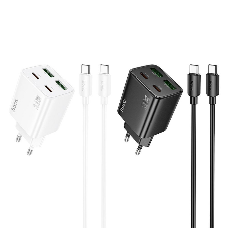 Ładowarka sieciowa do telefonu Hoco 2 x USB C + 2 x USB A QC3.0 PD 3A 20W + kabel USB C do USB C N55 biała