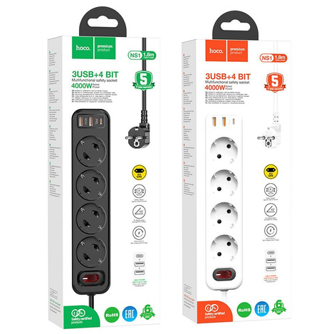 HOCO listwa zasilająca 1 gniazdo + USB A + 3 x Typ C PD QC3.0 3A 67W NS9 2 m czarna