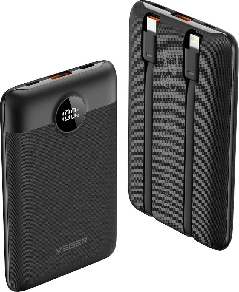 Bateria zewnętrzna (Powerbank) VEGER C11 BEST - 10 000mAh LCD z kablem Typ C + Apple Lightning 8-pin QC3.0 PD 22,5W (W1170)