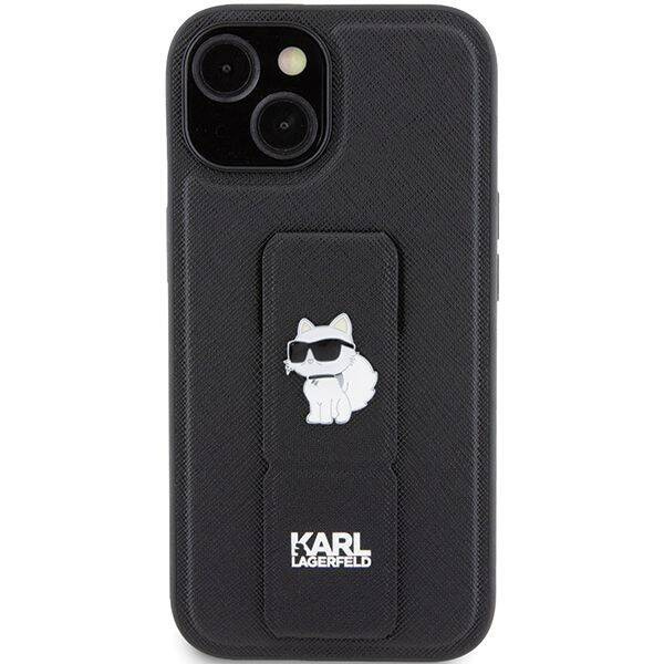 Karl Lagerfeld Gripstand Saffiano Choupette Pins Hülle für iPhone 15 – Schwarz