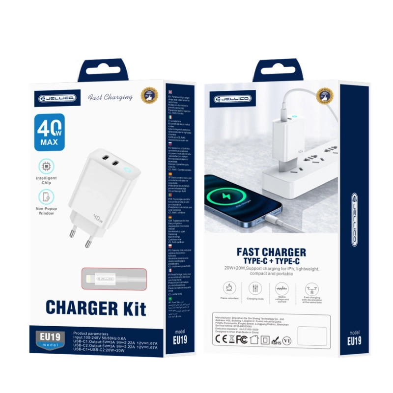 JELLICO wall charger EU19 GaN PD 40W 2xUSB-C + cable USB-C - Lightning White
