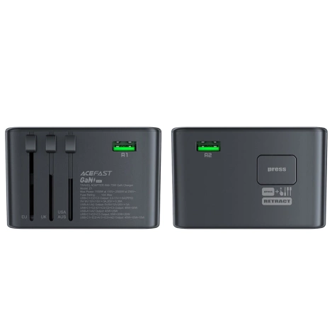 Acefast Z1 GaN 75W PD Reiseladeadapter 3x USB-C 2x USB-A - Schwarz