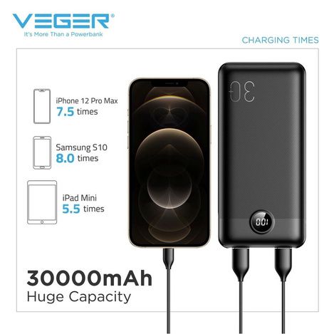 Bateria zewnętrzna (Powerbank) VEGER L30 - 30 000mAh LCD Quick Charge PD 20W czarny (W3008PD )