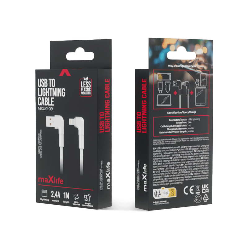 Maxlife kabel kątowy MXUC-09 USB - Lightning 1,0 m 2,4A biały