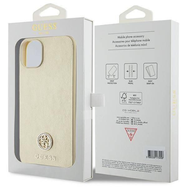 Guess Leder 4G Metal Logo Strass Hülle für iPhone 15 – Gold