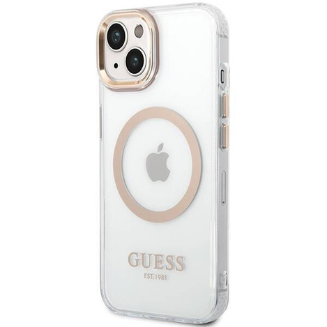 Original Handyhülle IPHONE 14 PLUS / 15 PLUS Guess Hard Case Metal Outline Magsafe gold