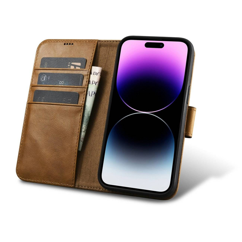 iCarer Oil Wax Wallet Case 2in1 iPhone 14 Pro Max Flip Leather Cover Anti-RFID Braun (WMI14220724-TN)