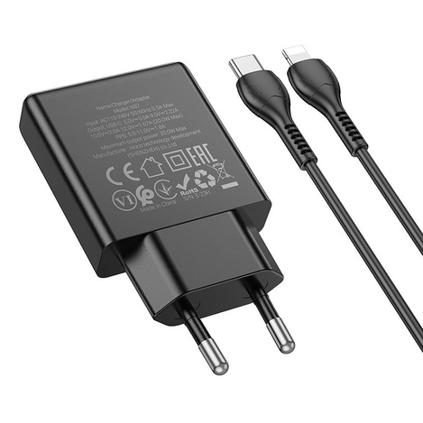 Ładowarka sieciowa do telefonu Hoco Slim USB C QC PD 30W + kabel USB C do Lightning N37 czarna