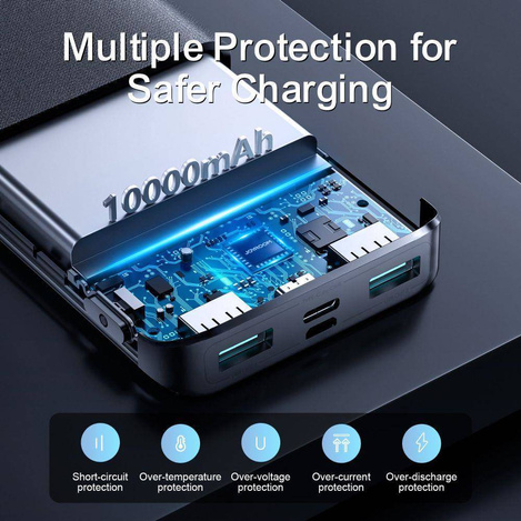 Power Bank 10000mAh 22,5W 2xUSB QC3.0 + USB-C PD3.0 + Micro USB Wyświetlacz LED Bateria Zewnętrzna Fast Charge JOYROOM JR-QP191 czarny