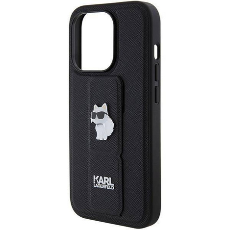 Karl Lagerfeld Gripstand Saffiano Choupette Pins Hülle für iPhone 15 Pro Max – Schwarz