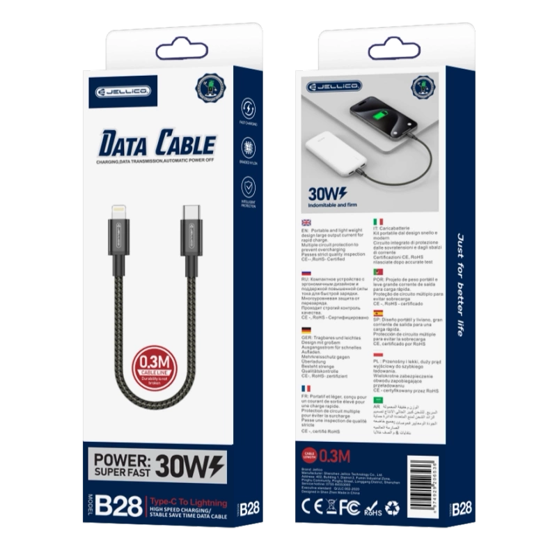 JELLICO kabel B28 USB-C - Lightning PD 30W 0.3M Czarny