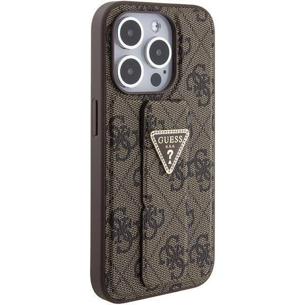 Guess Grip Stand 4G Triangle Strass Hülle für iPhone 15 Pro Max - braun