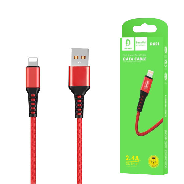 DENMEN KABEL USB DO LIGHTNING 2.4A WZMACNIANY OPLOT IPHONE DENMEN CZERWONY 1M D02L