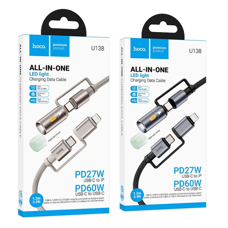 HOCO kabel All-in-one Typ C / Lightning do Typ C / LED Light PD 3A 60W U138 1,2 m szary