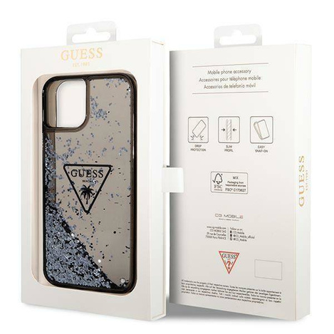 Original Handyhülle IPHONE 14 PLUS Guess Hardcase Liquid Glitter Palm Collection transparent schwarz