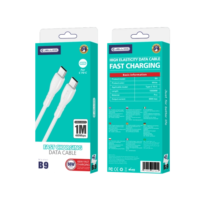 JELLICO kabel B9 USB-C - USB-C PD 66W 1M Biały