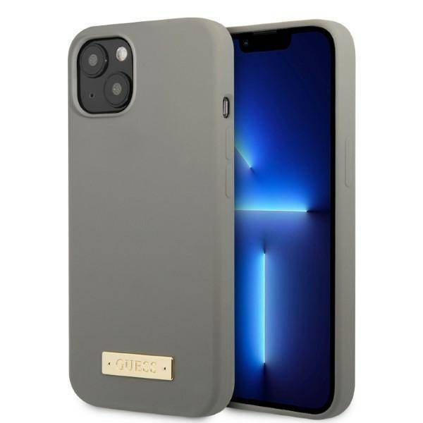 Original Case IPHONE 13 Guess Hard Case Silicone Logo Plate MagSafe (GUHMP13MSPLG) gray