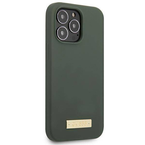 Original Handyhülle IPHONE 13 PRO Guess Hard Case Silicone Logo Plate MagSafe (GUHMP13LSPLA) grün