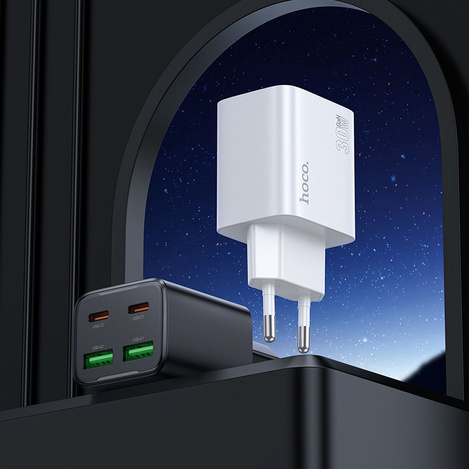 Ładowarka sieciowa do telefonu Hoco 2 x USB C + 2 x USB A QC3.0 PD 3A 30W + kabel USB C do Lightning N56 biała
