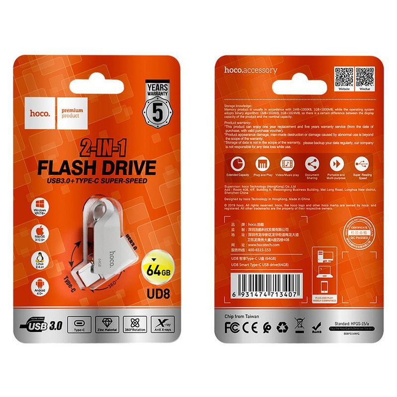 HOCO pendrive USB A + USB C UD8 64GB USB3.0