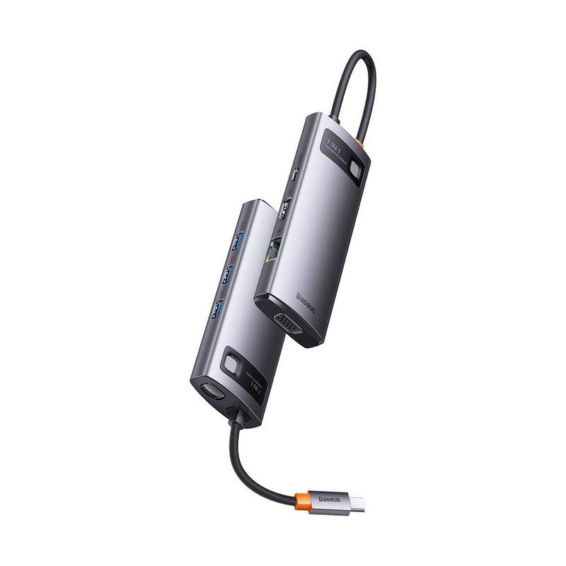 Baseus Metal Gleam Series HUB 7-in-1-USB-Typ-C-Dockingstation – 1 x HDMI / 1 x VGA / 3 x USB 3.2 Gen. 1/1 x Power Delivery / 1 x RJ-45 Ethernet Grau (WKWG040013)