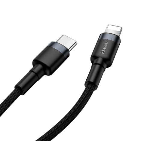 Baseus Cafule Cable wytrzymały nylonowy kabel przewód USB Typ C PD / Lightning 18W QC3.0 1m czarny-szary (CATLKLF-G1)
