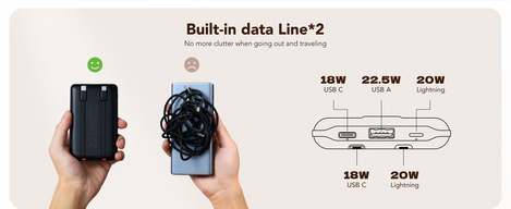 Bateria zewnętrzna (Powerbank) VEGER C11 BEST - 10 000mAh LCD z kablem Typ C + Apple Lightning 8-pin QC3.0 PD 22,5W (W1170)