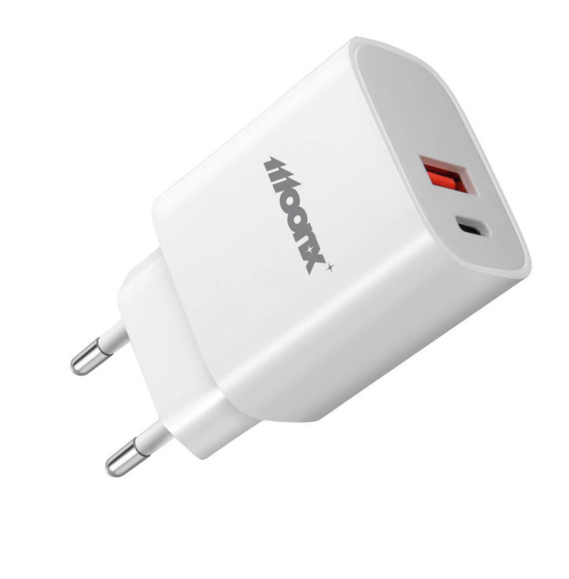 Ładowarka sieciowa MOONX MC04, USB-C PD 20W + USB QC3.0 + kabel USB-C/Lightning biała