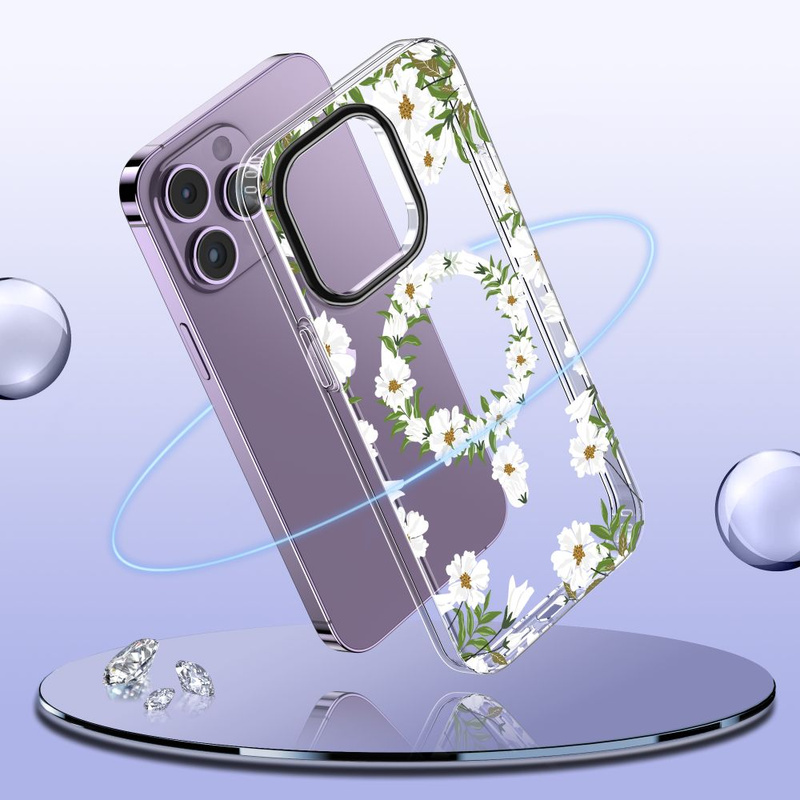Etui APPLE IPHONE 15 PRO Tech-Protect MagMood MagSafe White Daisy transparentne