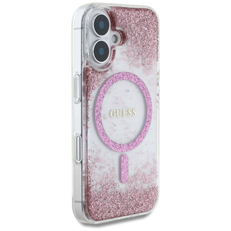 GUESS futerał do IPHONE 16 kompatybilny z MagSafe GUHMP16SRGRGEP (Resin Bottom Glitter) różowy
