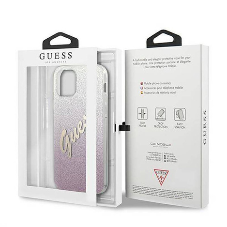 Oryginalne Etui IPHONE 12 / 12 PRO 6,1" Guess Hardcase Glitter Gradient Script GUHCP12MPCUGLSPI różowe