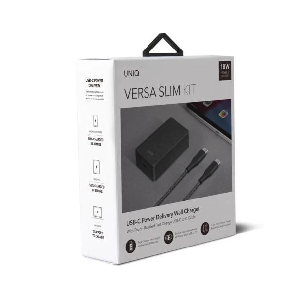 UNIQ Ład. siec. Versa Slim USB-C PD 18W + kabel USB-C na USB-C czarny/charcoal black (LITHOS Collective)