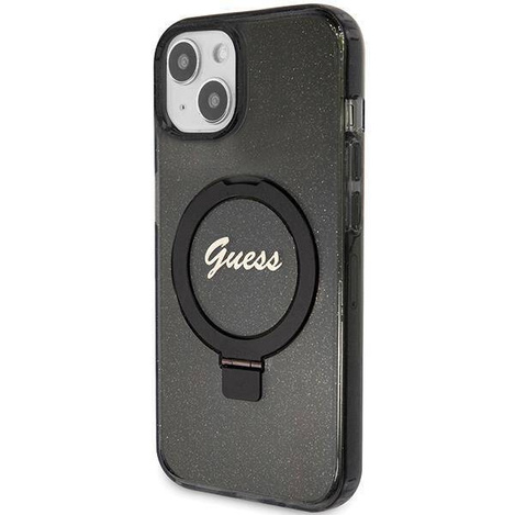 Guess Ring Stand Script Glitter MagSafe-Hülle für iPhone 15 – Schwarz