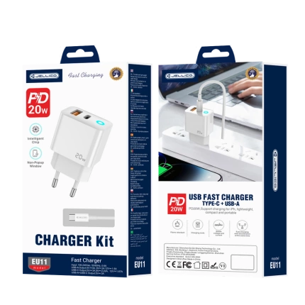 JELLICO Netz-Ladegerät EU11 PD 20W 1xUSB-C + 1xUSB QC3.0 + Kabel USB-C - USB-C weiss