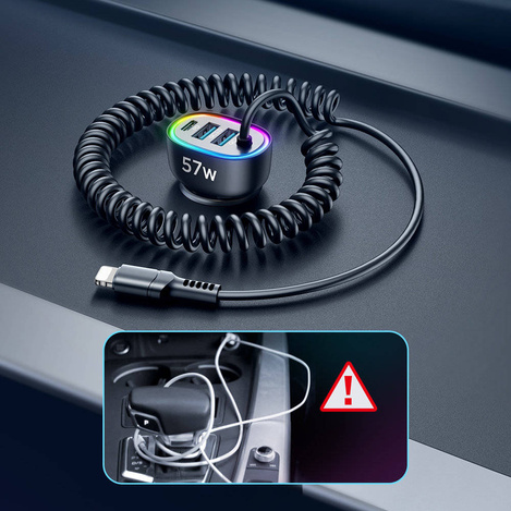 Joyroom 4-in-1-Auto-Schnellladegerät PD, QC3.0, AFC, FCP mit 1,6 m langem 57-W- Lightning -Kabel, schwarz (JR-CL20)