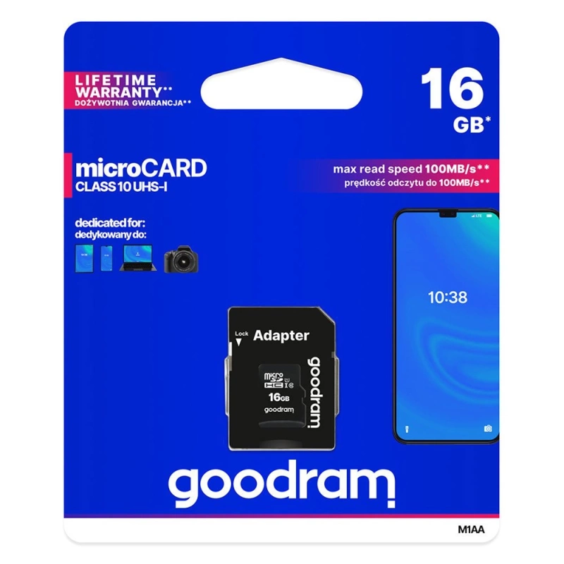 Goodram Microcard 16 GB karta pamięci micro SD HC UHS-I class 10, adapter SD (M1AA-0160R12)