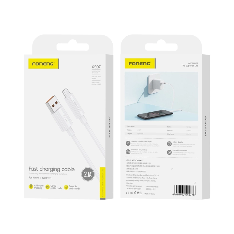 FONENG Kabel XS07 Micro USB 2.1A 1M weiss