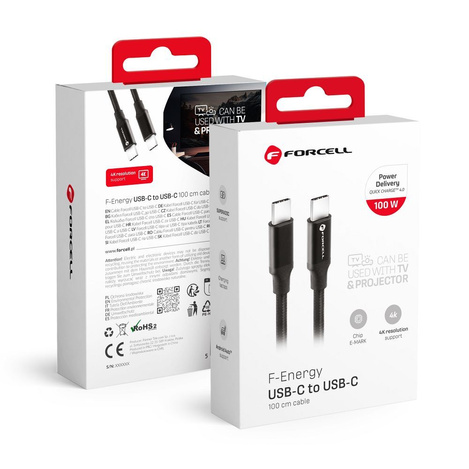 FORCELL kabel Typ C do Typ C QC4.0 5A/20V PD 100W E-mark / 4K / Thunderbolt / 20Gbit/s C391 1m czarny
