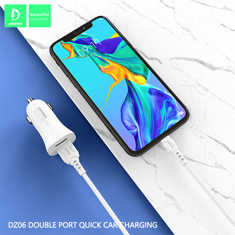 ŁADOWARKA SAMOCHODOWA 3A  + KABEL IPHONE BIAŁA DENMEN 3100mA DUAL FAST CHARGING 2XUSB DZ06L 15W