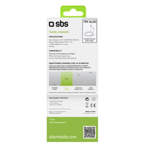 SBS TETR1USB2AWFAST 10W USB-A Netzladegerät – Weiß