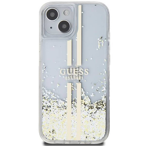 Oryginalne Etui GUESS Hardcase GUHCP15MLFCSEGT do iPhone 15 Plus (Liquid Glitter Gold Stripes / transparent)