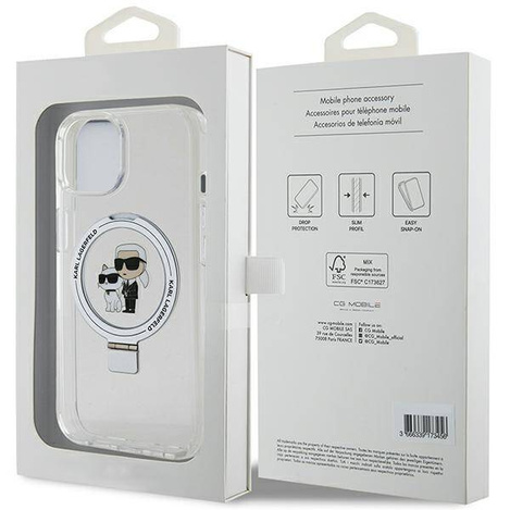 Oryginalne Etui IPHONE 15 PLUS / 14 PLUS Karl Lagerfeld Hardcase Ring Stand Karl&Choupettte MagSafe białe
