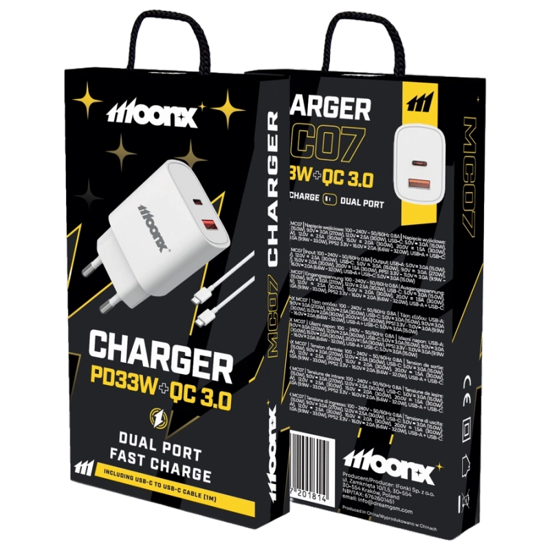MOONX wall charger MC07 PD 33W 1xUSB-C + 1xUSB QC3.0 + cable USB-C - USB-C White