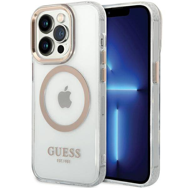 Original Handyhülle IPHONE 13 / 14 / 15 Guess Hard Case Metal Outline Magsafe gold