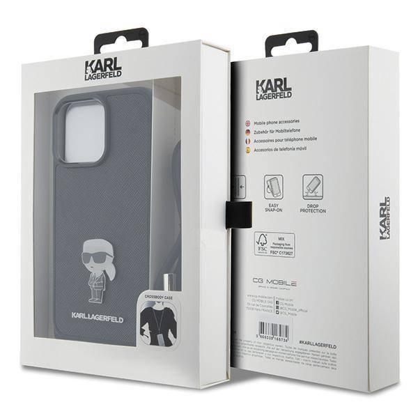 Karl Lagerfeld Crossbody Saffiano Monogram Metal Pin Karl &amp; Choupette Case for iPhone 15 Pro Max - Black