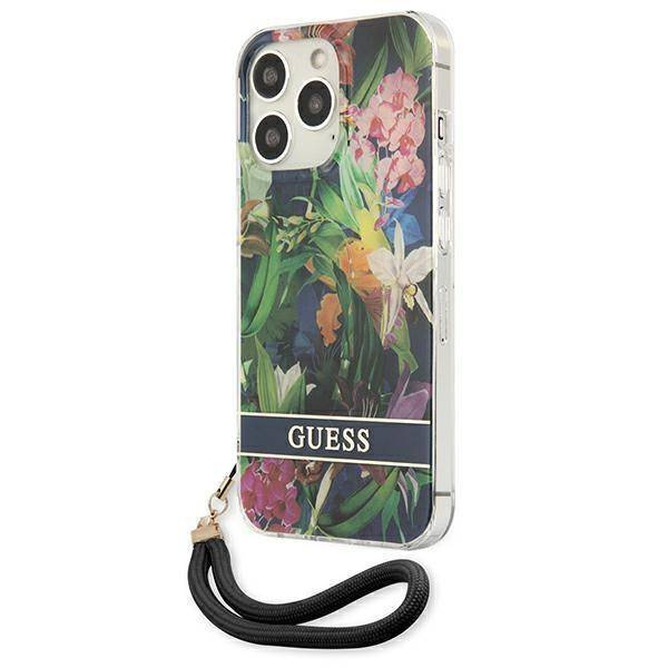 Schutzhülle IPHONE 13 PRO MAX Guess Hardcase Flower Strap (GUHCP13XHFLSB) blau