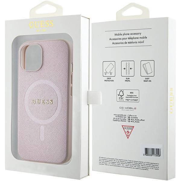 Guess Saffiano MagSafe Hülle für iPhone 15 Plus – Rosa
