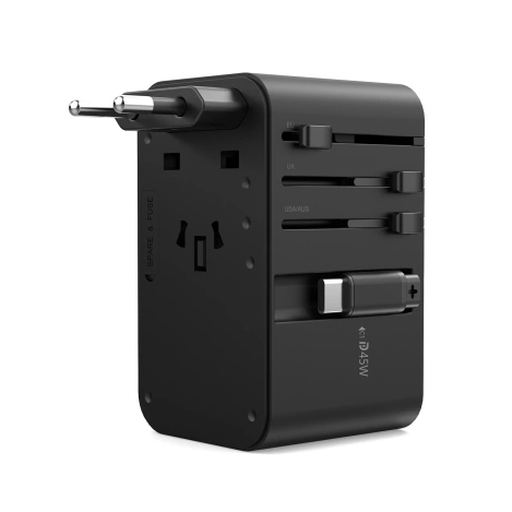 Choetech PD5021 45W EU/US/AUS/UK Reiseadapter mit integriertem USB-C-Kabel – Schwarz