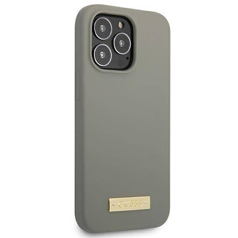 Oryginalne Etui IPHONE 13 PRO Guess Hard Case Silicone Logo Plate MagSafe (GUHMP13LSPLG) szare