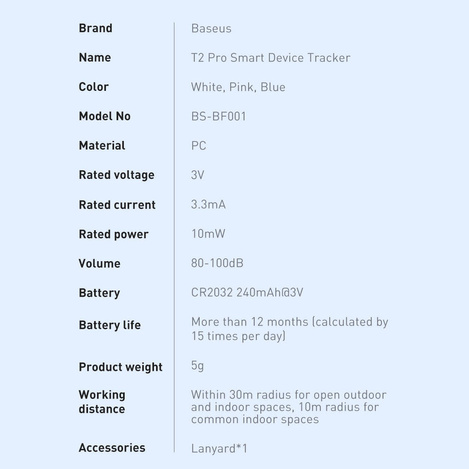 Baseus T2 Pro Smart GPS Locator for Baby Purse Keys White (FMTP000002)